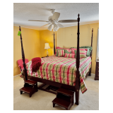 Four-Poster Queen Bed Frame With Decorative Posts and Custom Wooden Steps