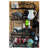 Black Metal Shelf with Garden Items inc. Pietra Art Tiles, Gardenline Thermometer, Cast Iron Items, and Bird Feeders