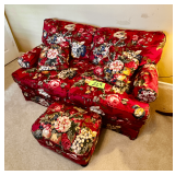 Red Floral Upholstered Loveseat with Matching Ottoman