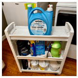 White Plastic Rolling Laundry Storage Cart with 3 Shelves and Supplies