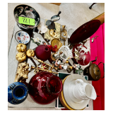 Collection of Ceramic and Glassware Items with Decorative and Functional Metalware