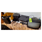 Electronics Grouping including Hitachi DVD Player, CRT TV, and Miscellaneous Devices