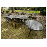 Cast Aluminum Glass Top Patio Table and Six Chairs with Additional Round Accent Table