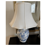 Two Blue and White Porcelain Table Lamps with Wooden Bases