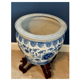 Blue and White Porcelain Jardiniere with Wooden Stand