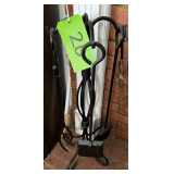 Metal Fireplace Tool Set With Stand Featuring Poker, Brush, Shovel, and Tongs