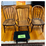 Three Vintage Child's Wooden Chairs with Spindle Backs and 1 Rectangular Painted Wooden Footstool