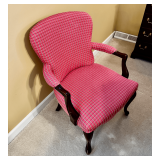 Upholstered Armchair with Wooden Frame and Red Checkered Fabric Design