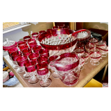 Collection of Ruby Flash Rim Glassware including Bowl, Pitcher, Cups, and Plates