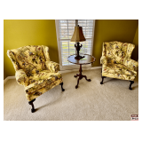 Pair of Monkey Themed Wingback Chairs with Upholstered Fabric and Cabriole Legs