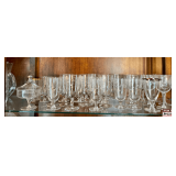 Mid-Century Modern Floral Etched Crystal Stemware Assortment Including Goblets, Wine Glasses and Champagne Stems