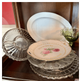 Assorted Vintage Serving Ware Including Crown Victoria Lovelace Platter, Pressed Glass Trays, and Green Glass Compote