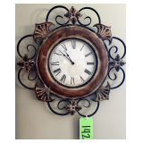 Wall-Mounted Circular Clock with Metal Scroll Accents