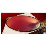 Vintage Oval Mirror With Ornate Brass Frame and Floral Handles