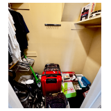Contents of Closet | Clothing, Binocular Flask, Tambourine, Luggage, and Wellness Devices