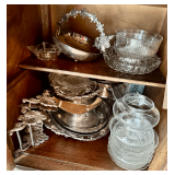 Assorted Vintage Serving Ware Including Silverplate Toast Racks, Candy Basket, Pressed Glass Bowls and Covered Dish