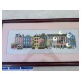 Framed Cross-Stitch of Rainbow Row, Charleston