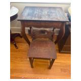 Wooden Side Table with Chair, Hand-Carved Details
