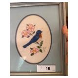 Framed Cross-Stitched Blue Bird Art