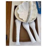White Ceramic Basket and Milk Glass Vase Set