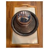 Decorative Tin With Silver Tray on Wooden Serving