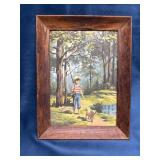 Framed Painting of Boy Fishing and Dog in the Fore