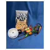 Cat-Themed Book, Mug, and Metal Sculpture Set