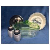 Lot: Pyrex Bakeware, Plate, and Shakers