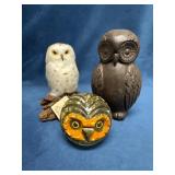Three Owl Figurines in Various Materials