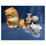 Decorative Lot with Porcelain Cats, Glassware, and
