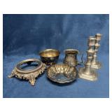 Pewter Candlesticks and Silver-Plated Dishes