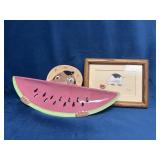 Hand-Painted Watermelon Figurine and Framed Artwor