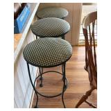 Three Metal Bar Stools with Checkered Cushions