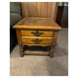 Wooden End Table With Brass Handles and Two Drawer