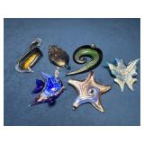 Six Handcrafted Glass Pendants in Various Shapes a