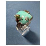Sterling Silver Ring with Green and Pink Accents,