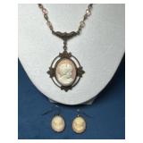 Cameo Necklace and Earrings Set with Brass Accents