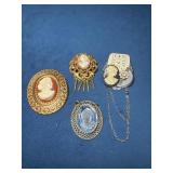 Vintage Cameo Pins and Hair Ornament