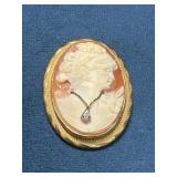 Oval Shell Cameo Brooch/Pendant with Gold-Tone Fra