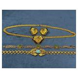 Gold Tone Jewelry Set with Lion, Green, and Turquo