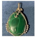 Sterling Silver Wrapped Green Malachite Stone Pend