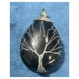 Tree Sterling Wrapped Black Stone Pendant