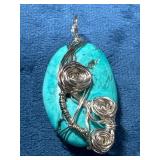Turquoise Sterling Wrapped Pendant with Floral Wir