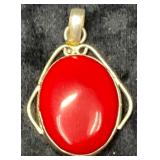Sterling Silver Pendant with Red Oval Stone, Marke