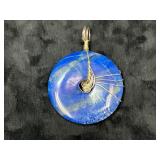 Blue Round Unmarked Pendant with Wire Wrap Design