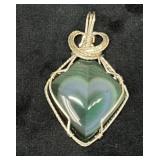 Pendant with Green Stone and Gold-Tone Wire Wrap
