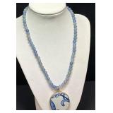 Blue Beaded Necklace with Ceramic Pendant