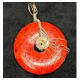 Red Disc Pendant with Wire Wrap Design