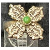 925 Marked Silver Ring With Ornate Design and Gree
