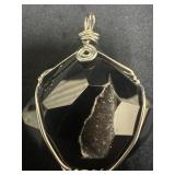 Wire-Wrapped Black Faceted Stone Pendant with Crys
